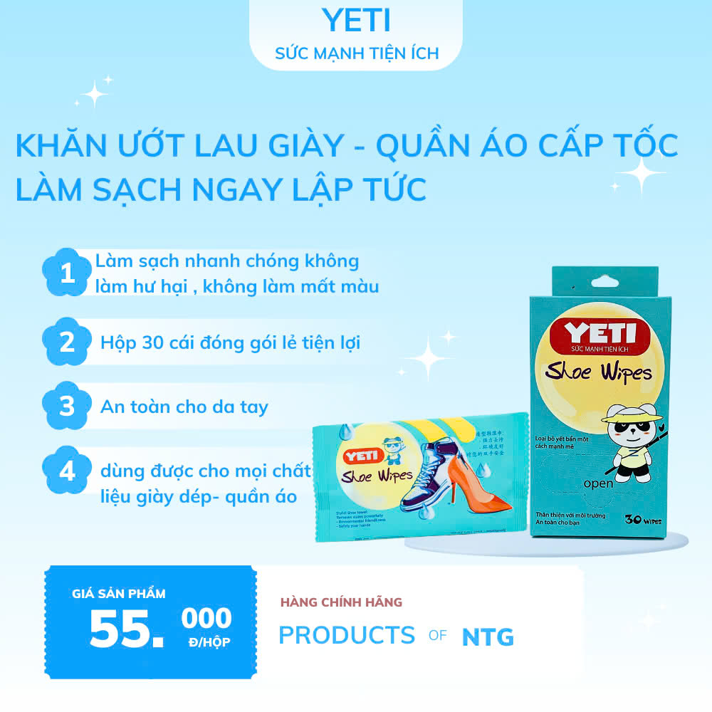 Hộp 30 gói Khăn Lau Giày Khẩn Cấp Yeti Shoe Wipes, Dùng Vệ Sinh Gìay